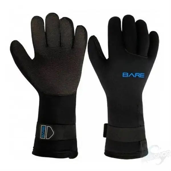 BARE 5mm Kaltwasser Neoprenhandschuh Gauntlet Kevlar in Schwarz, Ansicht von vorne und hinten mit Kevlar-Handfläche und Gauntlet-Manschette.