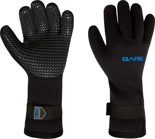 BARE 5mm Kaltwasser Neoprenhandschuh Gauntlet in Schwarz, Ansicht von vorne und hinten mit PU-Handfläche und Gauntlet-Manschette.