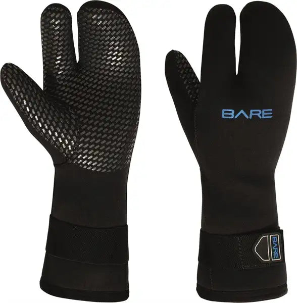 BARE 7mm 3 Finger Handschuh Mitt in Schwarz, Fäustling-Design mit Gauntlet-Stulpe und Klettverschluss.