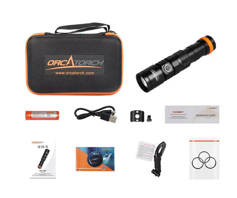 OrcaTorch  DC710 Tauchlampe Set mit USB-C Direktladung, 1 Akku, max. 3000 Lumen